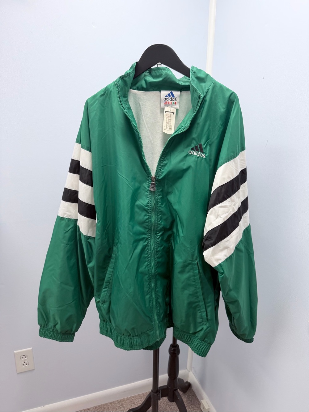 adidas Green Hooded Windbreaker with Black & White Stripe Sleeves